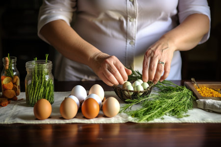 woman cracking open a quail egg near an asparagus bunchの素材