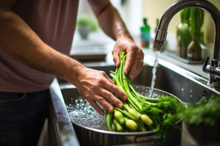 man washing fresh asparagus in the kitchen sinkの素材
