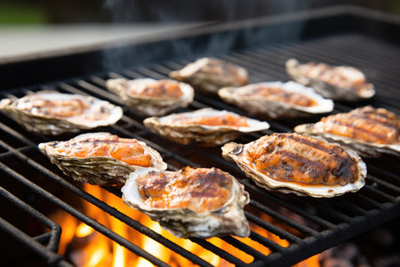 grilled oysters in shell on bbq standの素材