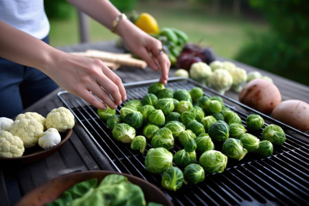 person delicately arranging brussel sprouts for grillingの素材