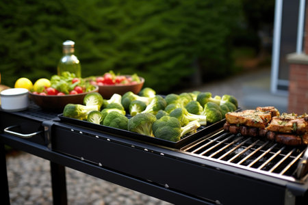 outdoor bbq setup with brussel sprouts on the grillの素材