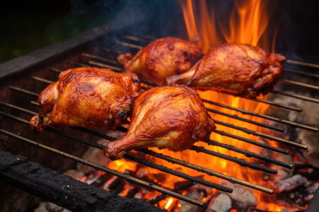 bbq chicken drumsticks slowly roasting over a campfireの素材