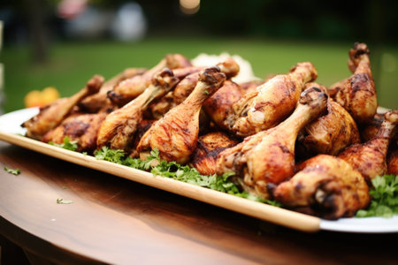 grilled chicken drumsticks served on a platter at a backyard partyの素材