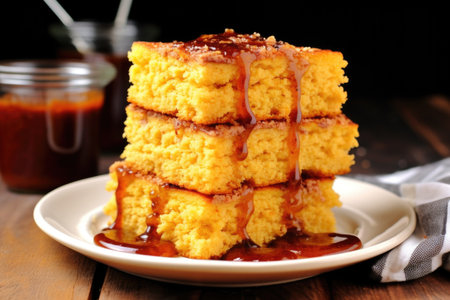 bbq cornbread stacked on a plate, ready to be servedの素材