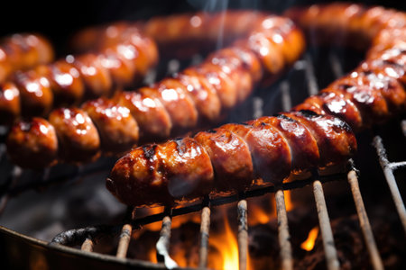 macro shot of sausages sizzling on a bbq grillの素材