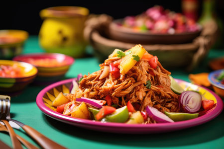 bbq jackfruit dish served on a colourful plateの素材