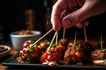 hands garnishing cooked meatball skewersの素材