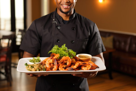 chef presenting platter of bbq shrimpの素材