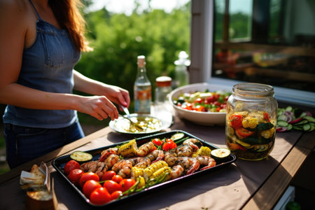 woman serving bbq shrimp with grilled vegetablesの素材