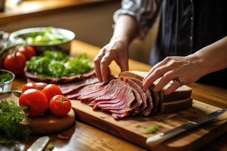 mother preparing sandwich with beef brisket slicesの素材