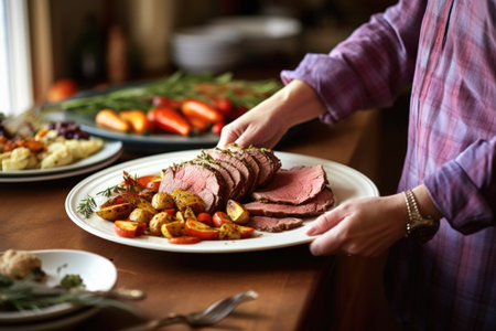 woman serving slices of beef roast onto plateの素材