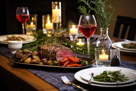 dinner table set with beef roast and rosemary centerpieceの素材
