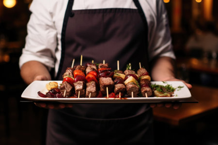 waiter holding a platter of beef skewersの素材