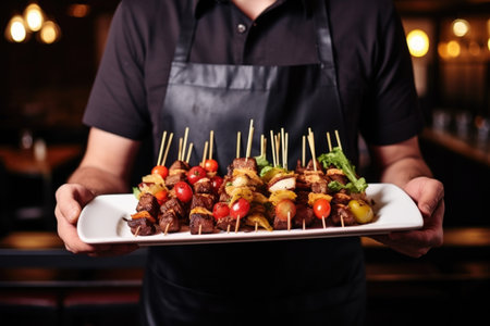 waiter holding a platter of beef skewersの素材