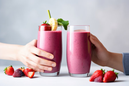 two hands clinking glasses of berry blend smoothieの素材