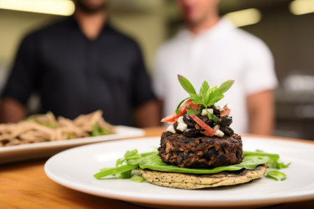 black bean burger with a man in chefs attire in the backgroundの素材