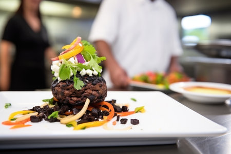 black bean burger with a man in chefs attire in the backgroundの素材