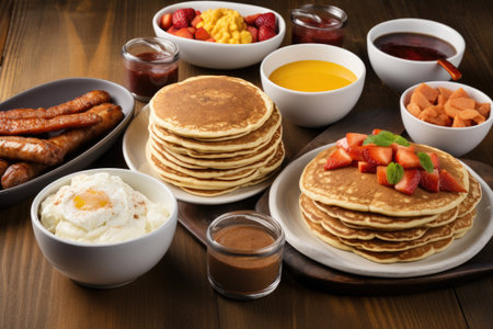 breakfast spread with pancakes, sausage, and eggsの素材