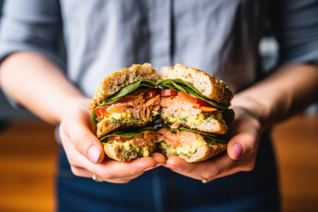 hands holding a breakfast bagel with smoked salmonの素材