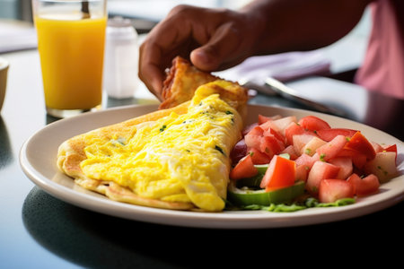 hands a breakfast omelette at a dinerの素材