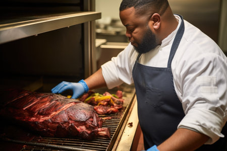 bbq master probing juicy brisket to check for readinessの素材