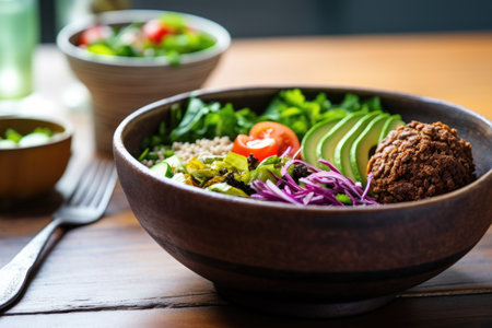 bowl salad next to a healthy quinoa burgerの素材