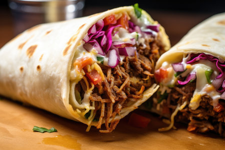 close-up of a chopped burrito revealing fillingの素材