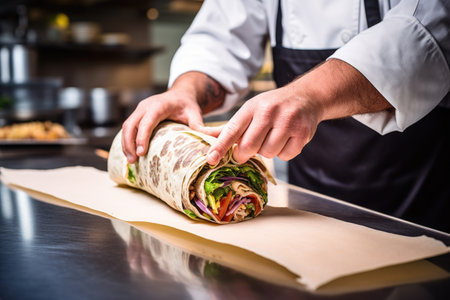 chef wrapping a burrito in a restaurantの素材