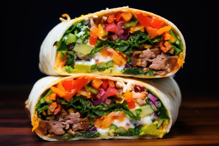 a burrito sliced open revealing colorful fillingの素材