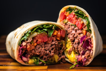 a burrito sliced open revealing colorful fillingの素材