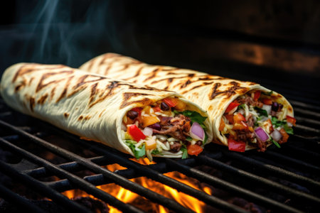 delicious stuffed burritos on a grill at a bbqの素材