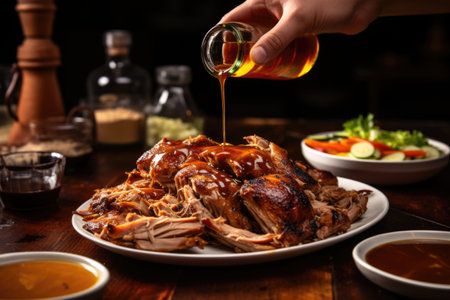 man smothering pulled pork with carolina vinegar sauceの素材