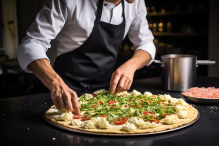 chef preparing a cauliflower pizza for bakingの素材