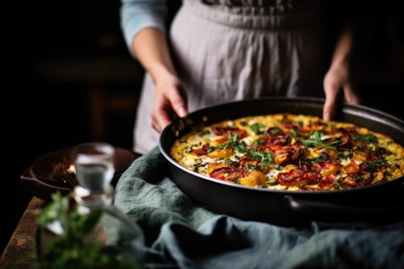 woman with a gourmet cauliflower pizza on a baking trayの素材