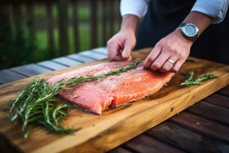 person placing fresh rosemary on salmon on a cedar plankの素材