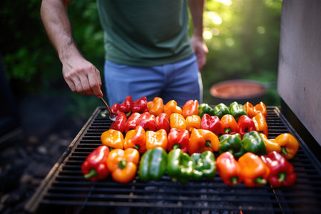 a man grilling bell peppers on a barbecueの素材