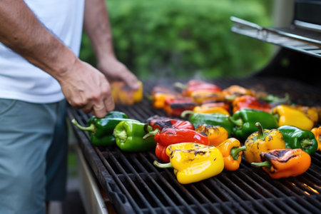 slightly charred bell peppers on a grill with a man turning themの素材