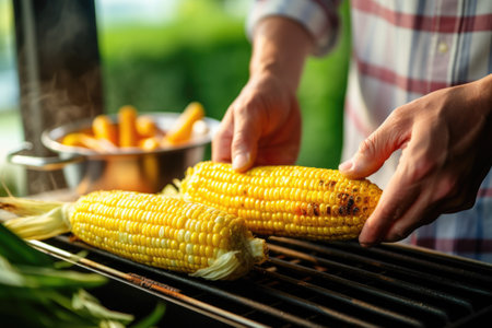pair of hands turning corn on a grillの素材