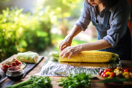 woman wrapping corn in foil for grillingの素材