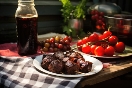 barbecue scene with cherry cola on the tableの素材