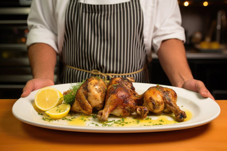 chef showing plate of garlic butter basted chicken legsの素材