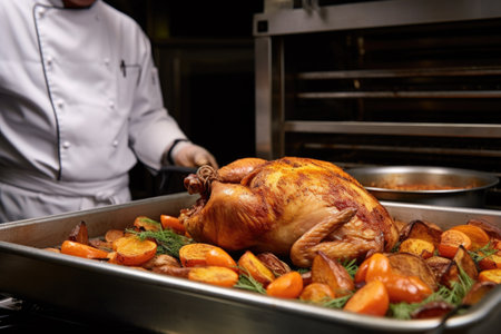 chef looking at chicken thigh in a roasting panの素材
