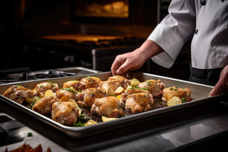 chef preparing chicken thighs for ovenの素材