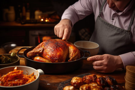 man checking a chicken thigh cooked in a sauceの素材