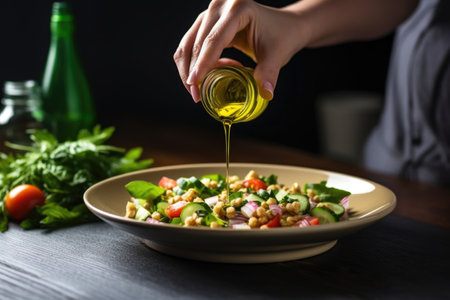 woman pouring olive oil over chickpea saladの素材