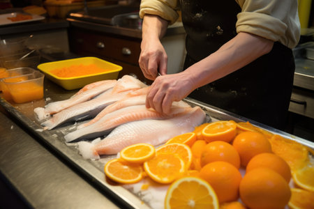 man meticulously placing orange slices onto fish filletsの素材
