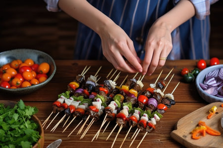woman assembling clam and mussel skewersの素材