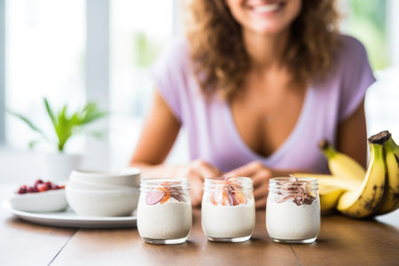 coconut yogurt with toppings in front of a delighted womanの素材