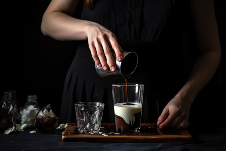 woman pouring cold milk into a glass of chocolate syrupの素材