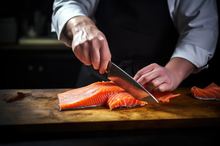 man slicing smoked salmon with a sharp knifeの素材